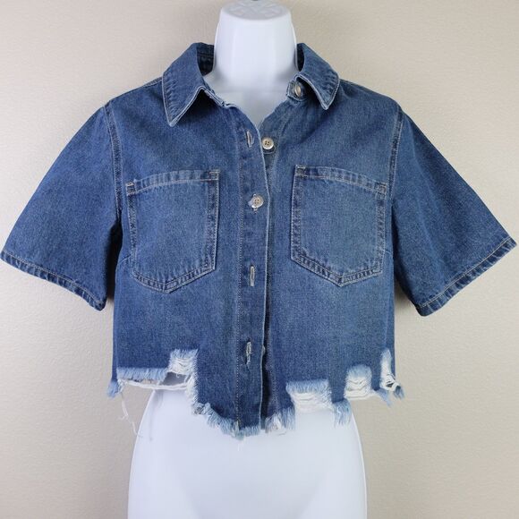 No Boundaries Other - No Boundaries Juniors Distressed Dark Wash Short Sleeve Cropped Shacket Size XS